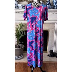 Denim & Co. Beach Jersey Short Sleev Maxi Dress Lapis Blue Floral LP  Vacation